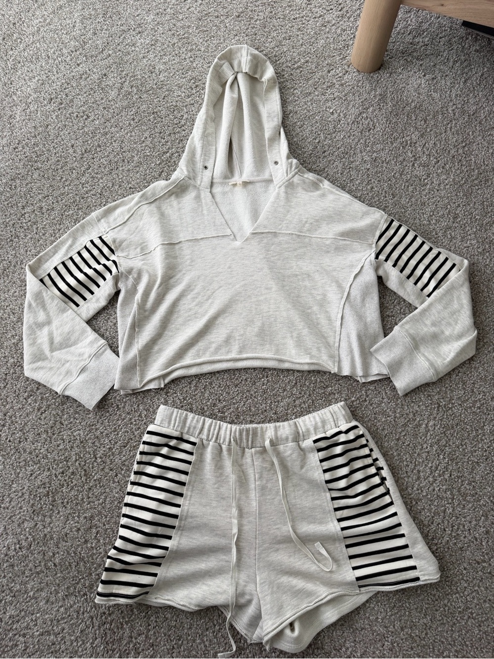 Mystree Cream Cropped Hooded Sweatshirt & Black-Striped Panel Shorts Set